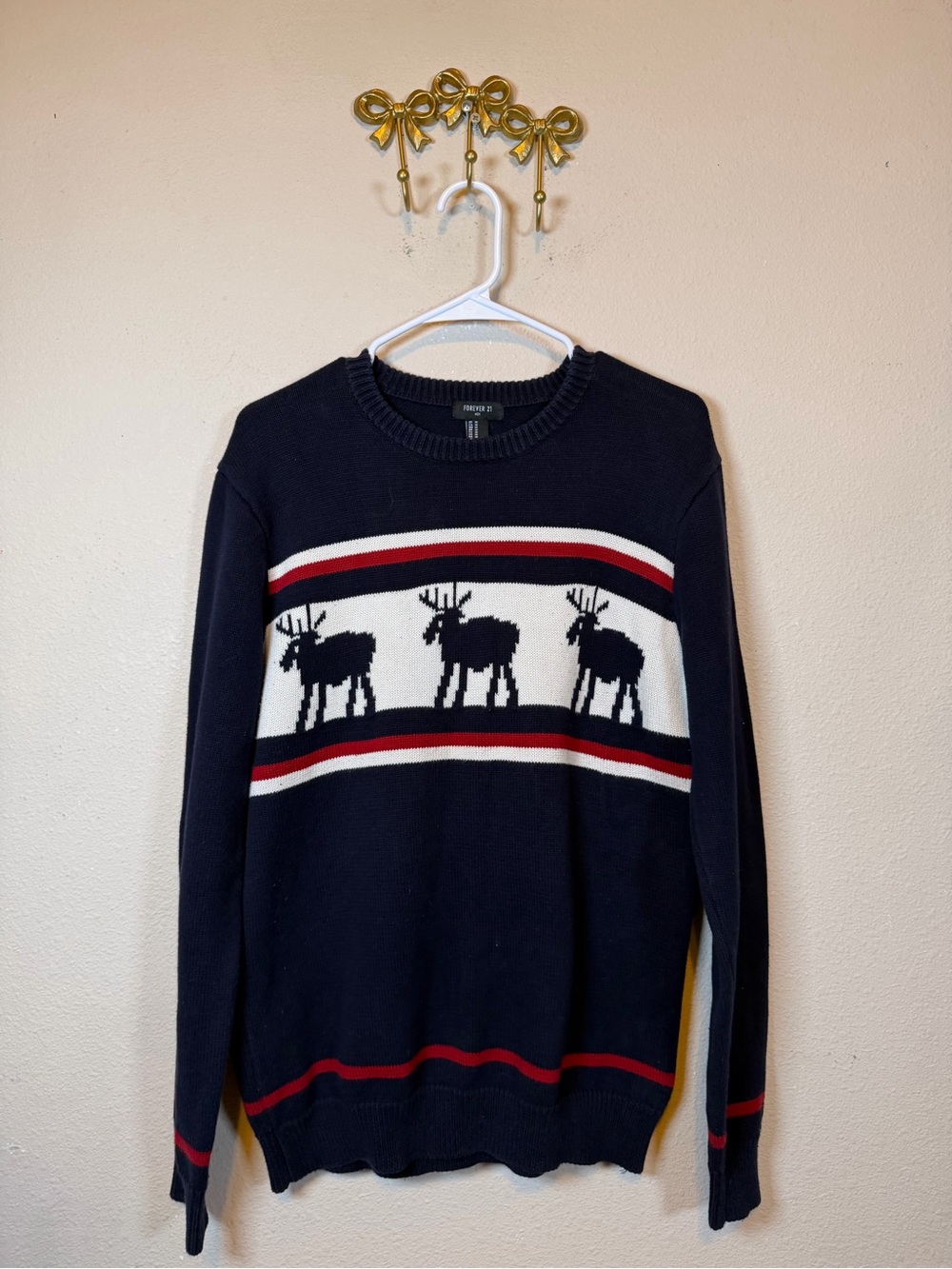 Forever 21 Navy Crewneck ySweater with White & Red Moose Stripe